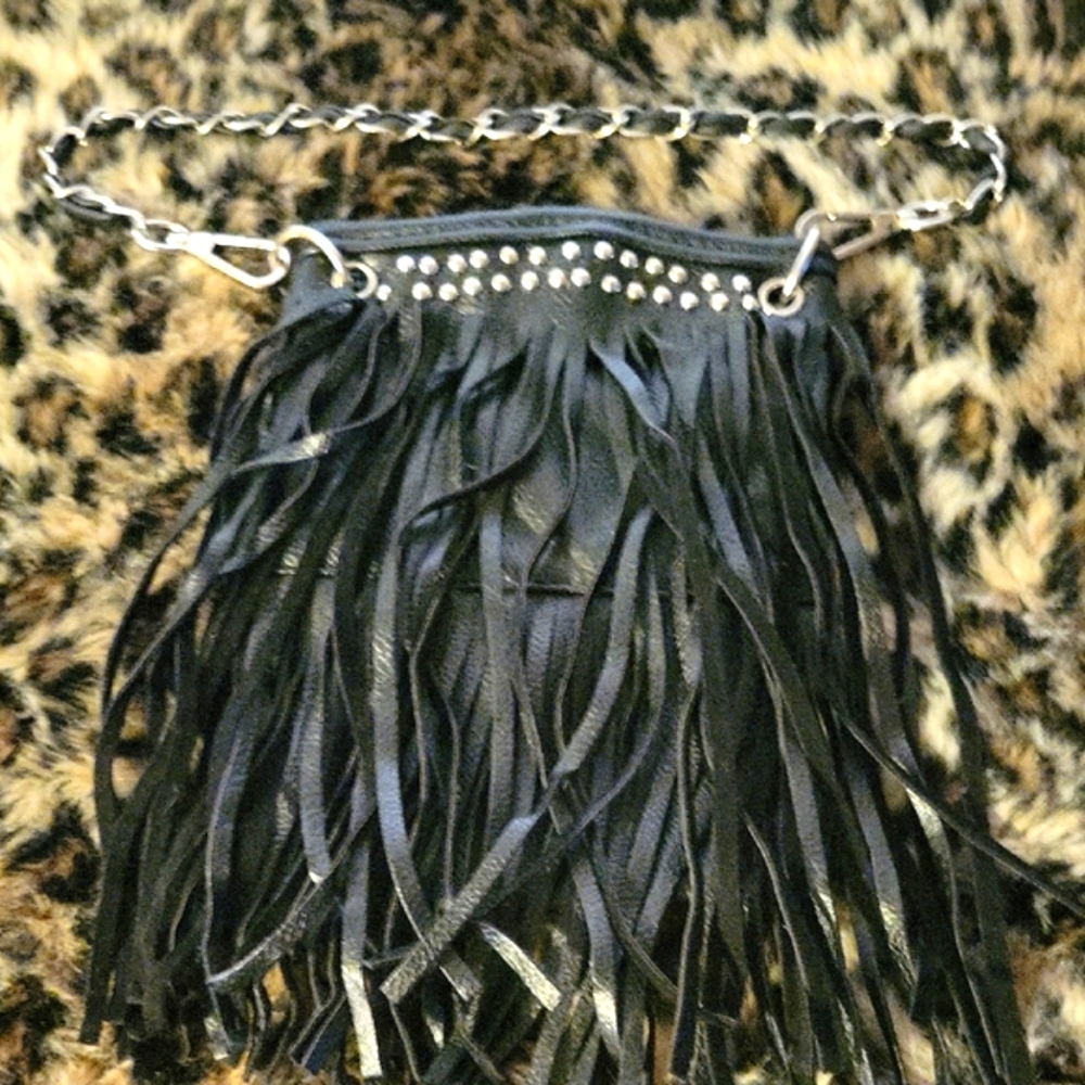 Black Mini Fringe Bag with Chain Strap